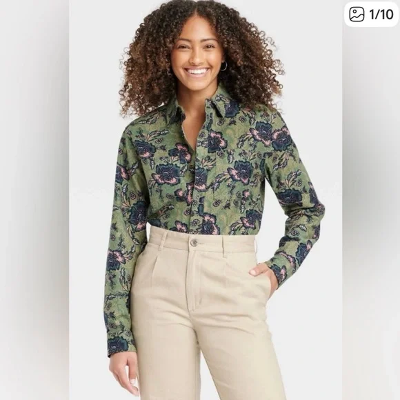 🌿 Houston White x Target Green Floral Button-Up Shirt Women’s M | Fall Retro - Picture 1 of 10